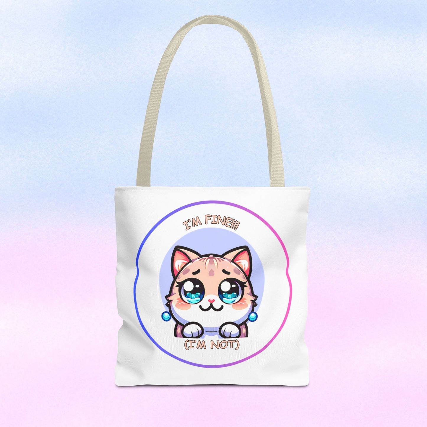 Cute Kawaii Cat Meltdown Emote Tote Bag — "I’m Fine(I'm Not)" Graphic Tote