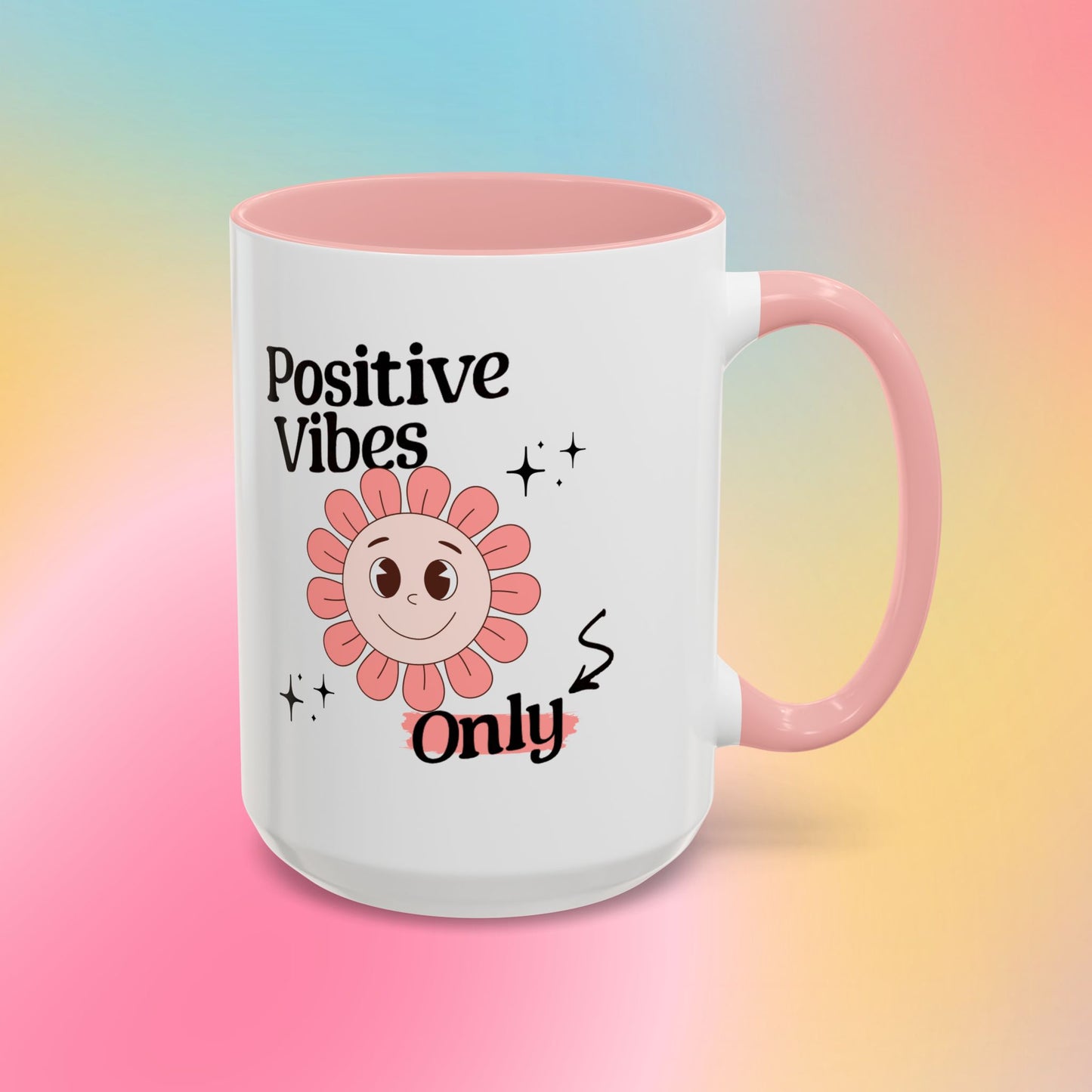 Retro Smiling Pink Flower Accent Coffee Mug — "Positive Vibes Only"
