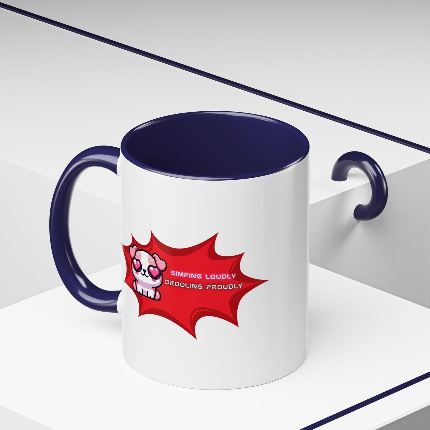Cute Pink Bulldog Coffee Mug — “Simping Loudly, Drooling Proudly” Kawaii Heart-Eyed