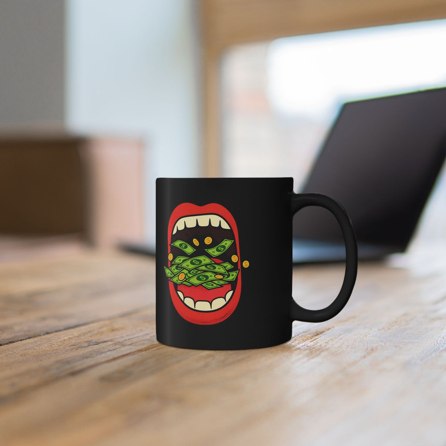 Money Mouth Mug — "Eating Prosperity" Black Coffee Cup with Cash-Throwing Lips (11oz, 15oz)