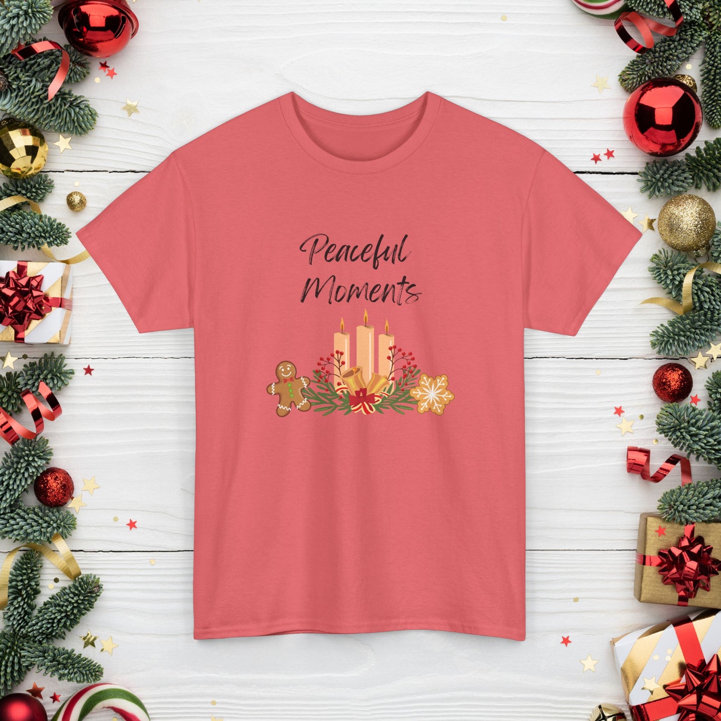 Peaceful Moments Tee — Holiday Candle & Floral Graphic T-Shirt, Cozy Christmas Aesthetic