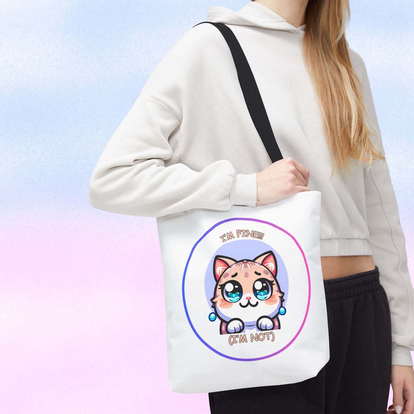 Cute Kawaii Cat Meltdown Emote Tote Bag — "I’m Fine(I'm Not)" Graphic Tote