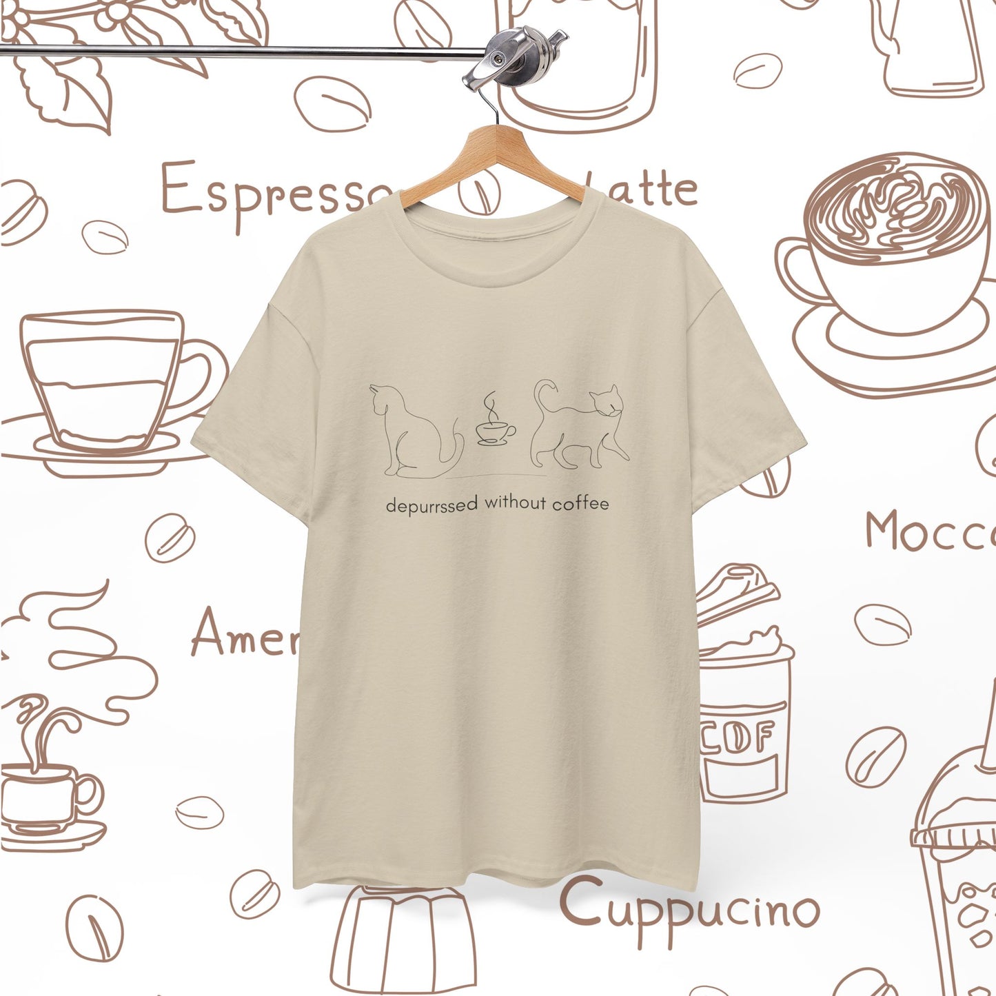 Depurrssed Without Coffee — Minimalist Caffeine Tee, Coffee Cat T‑Shirt