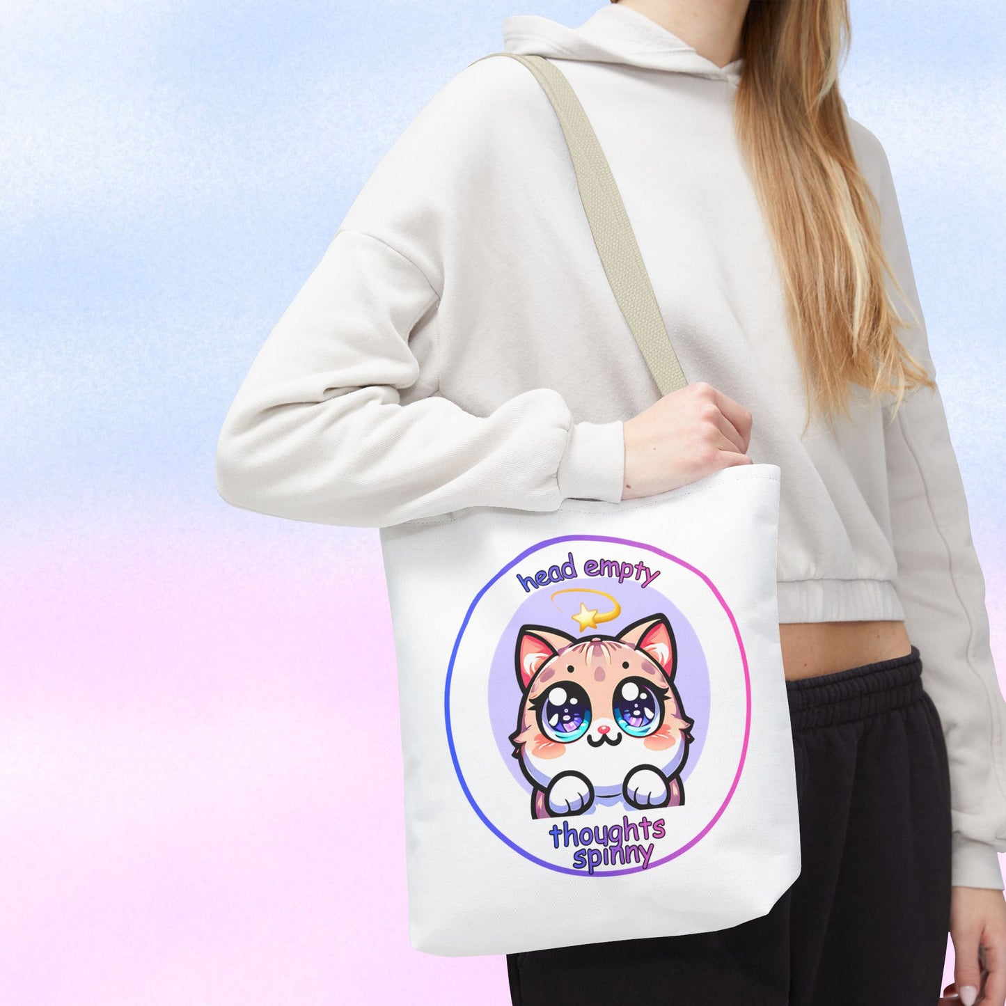 Cute Kawaii Dizzy Cat Tote Bag — "head empty. thoughts spinny."