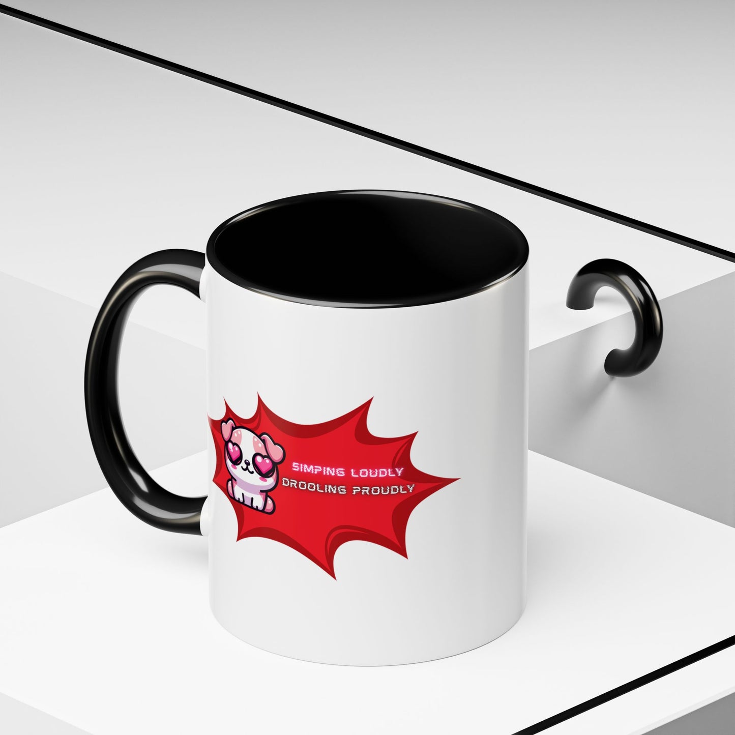 Cute Pink Bulldog Coffee Mug — “Simping Loudly, Drooling Proudly” Kawaii Heart-Eyed