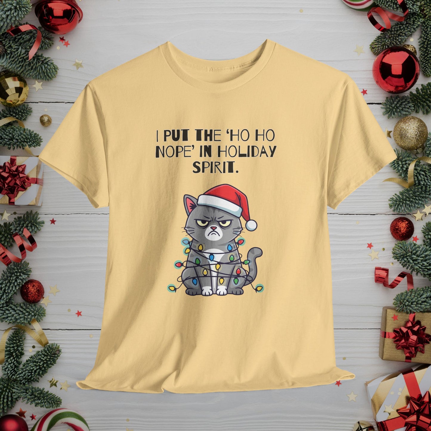 Grumpy Cat Christmas T-Shirt – "I Put the 'Ho Ho Nope' in Holiday Spirit"