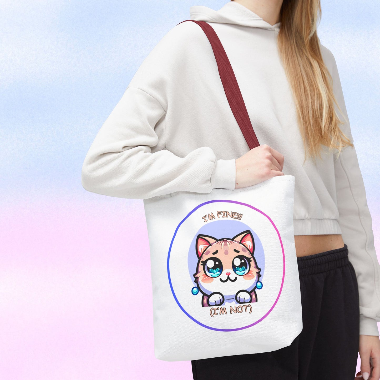 Cute Kawaii Cat Meltdown Emote Tote Bag — "I’m Fine(I'm Not)" Graphic Tote