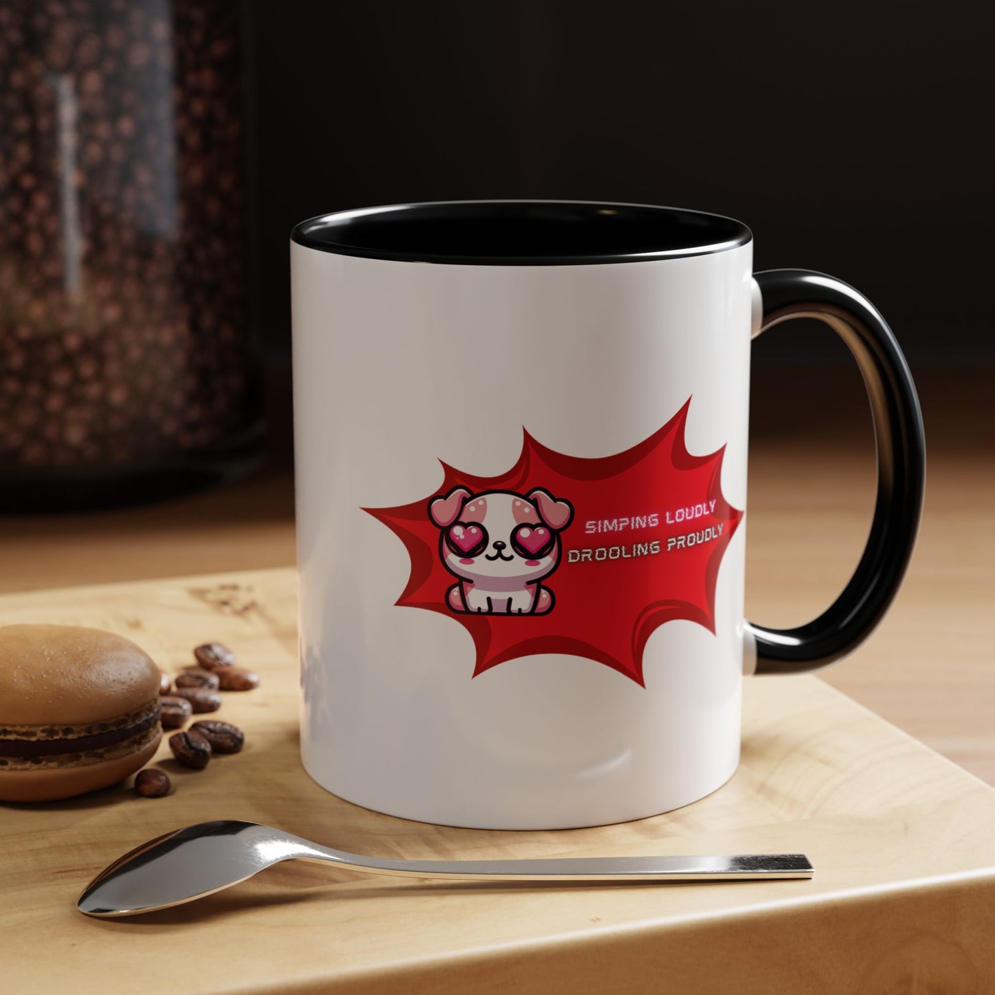Cute Pink Bulldog Coffee Mug — “Simping Loudly, Drooling Proudly” Kawaii Heart-Eyed