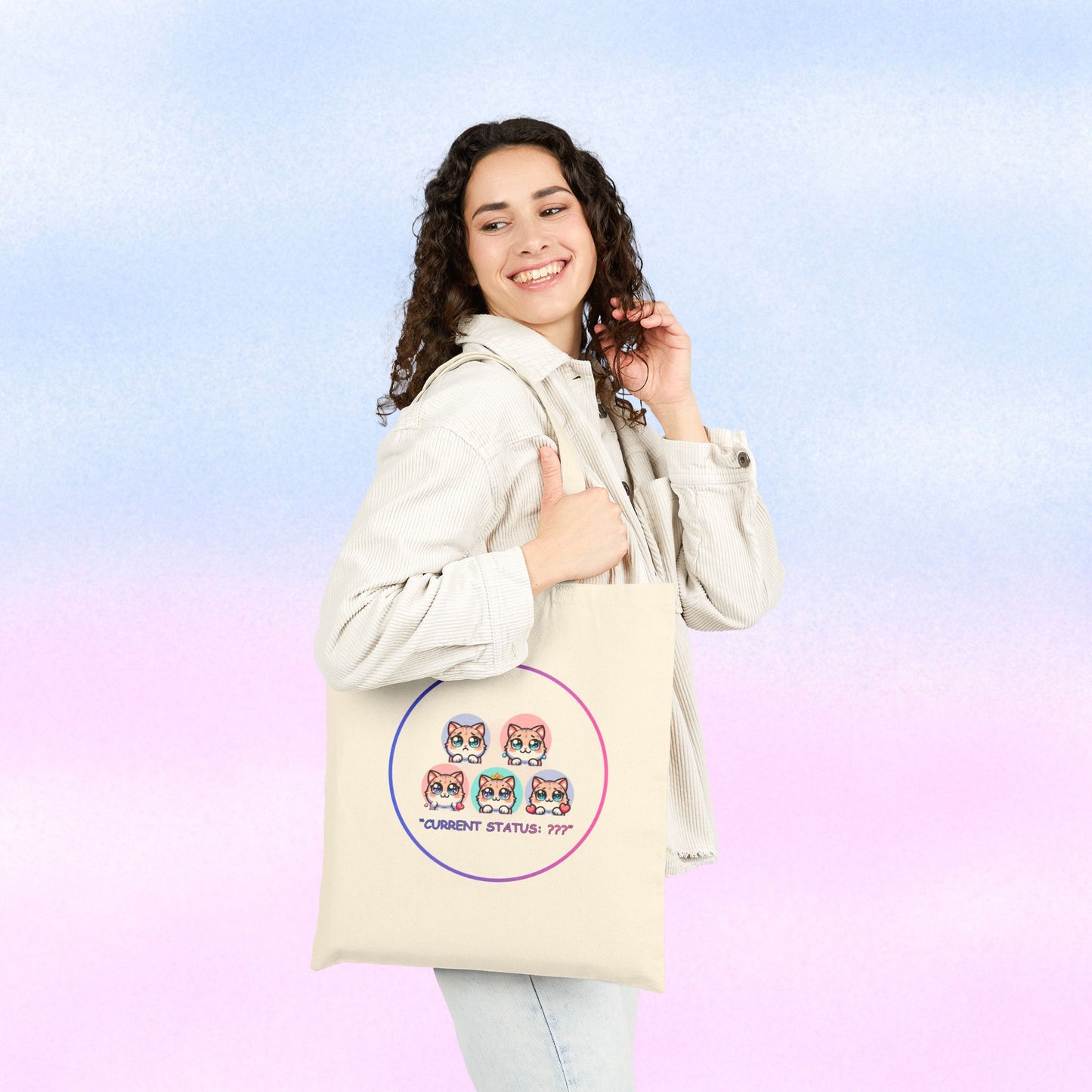 Cat Mood Tote Bag — Cute Kawaii Cat Faces "Current Status: ???" Canvas Tote
