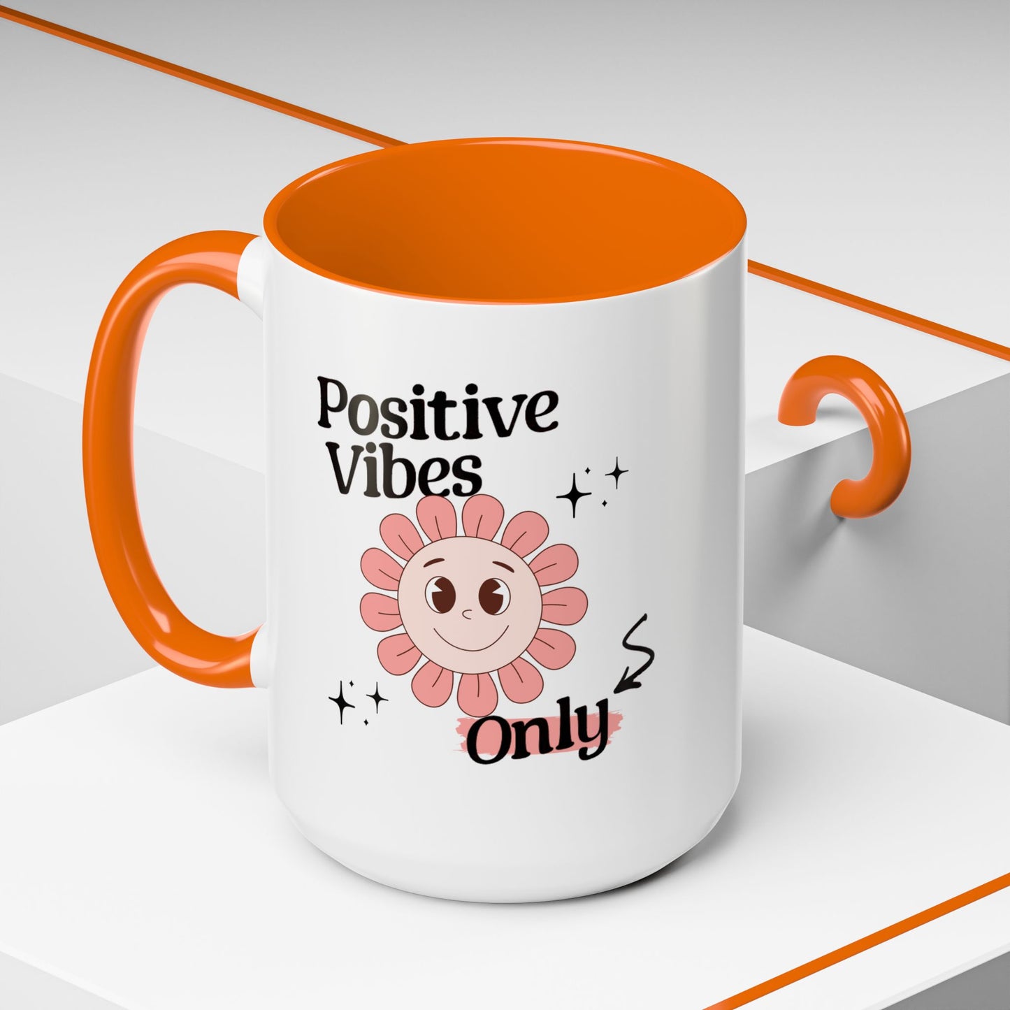 Retro Smiling Pink Flower Accent Coffee Mug — "Positive Vibes Only"