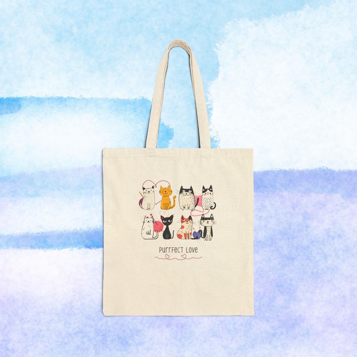 Canvas Tote Bag — "Purrfect Love" Cute Cat Illustration Tote for Cat Lovers