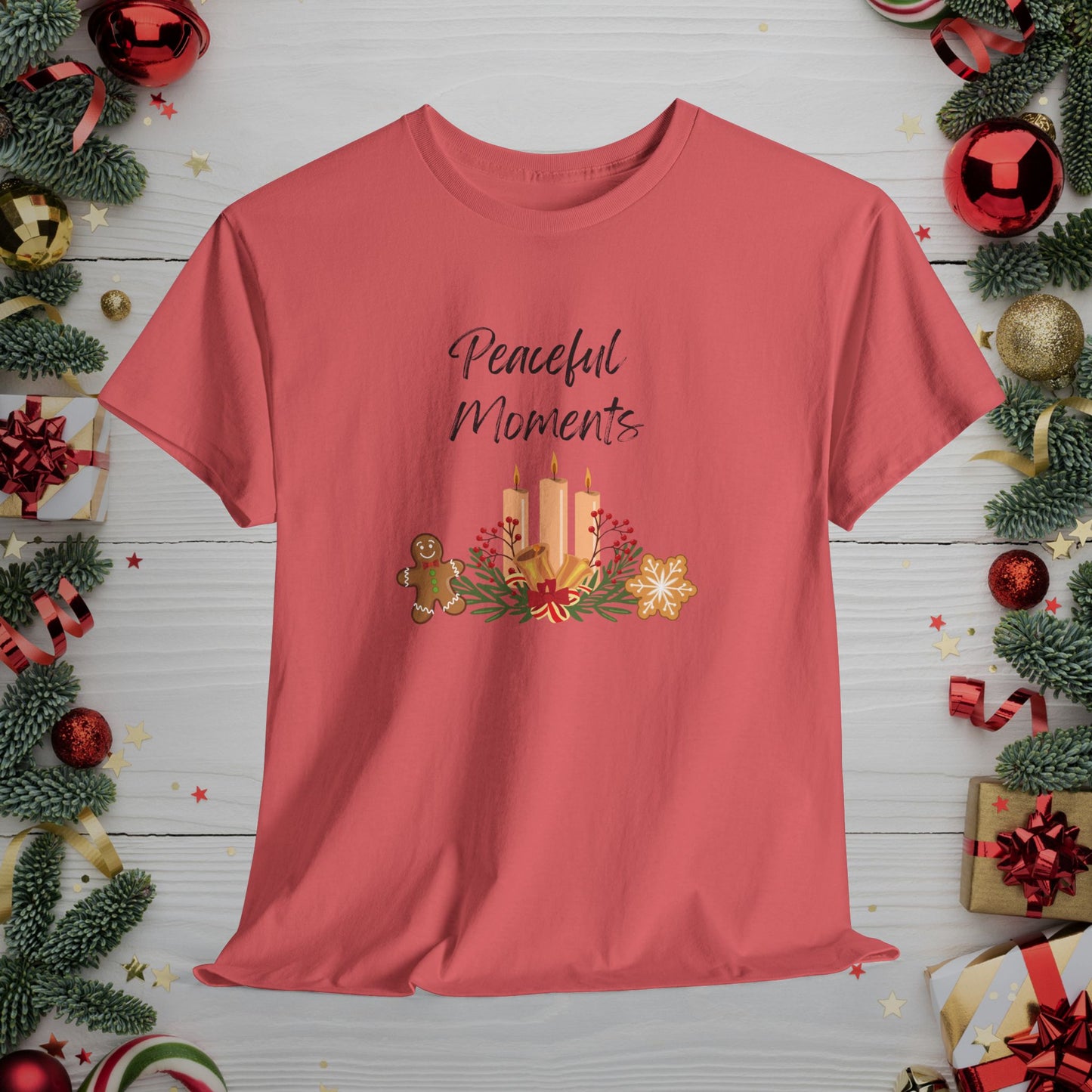 Peaceful Moments Tee — Holiday Candle & Floral Graphic T-Shirt, Cozy Christmas Aesthetic