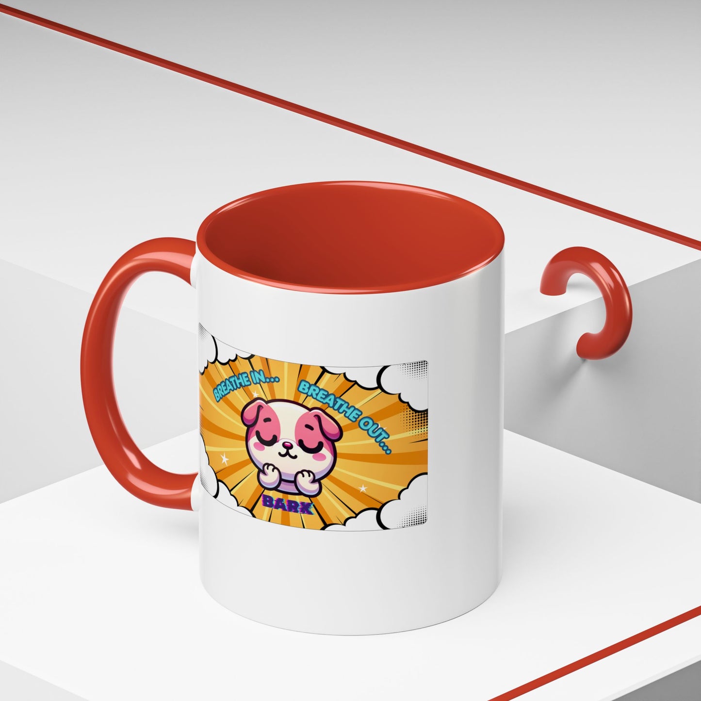 Stay Calm Pink Bulldog Kawaii Emote Coffee Mug — "Breathe In... Breathe Out... Bark"