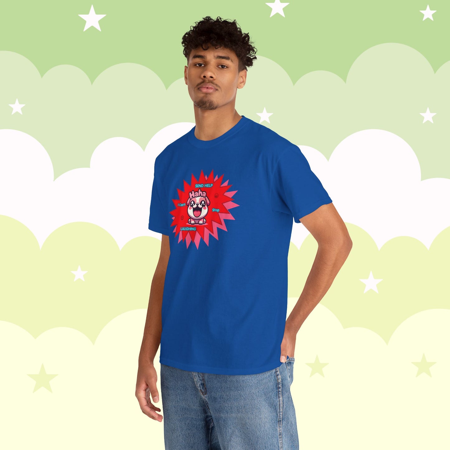 Laughing Pink Bulldog T-Shirt — "Help, I Can't Stop Laughing" Funny Emote Tee