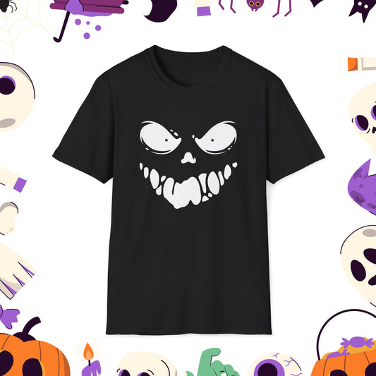 Sinister Grin at Midnight Horror T-Shirt | Ghostly Graphic Tee for Halloween Parties, Costume Events, Trick or Treating, October