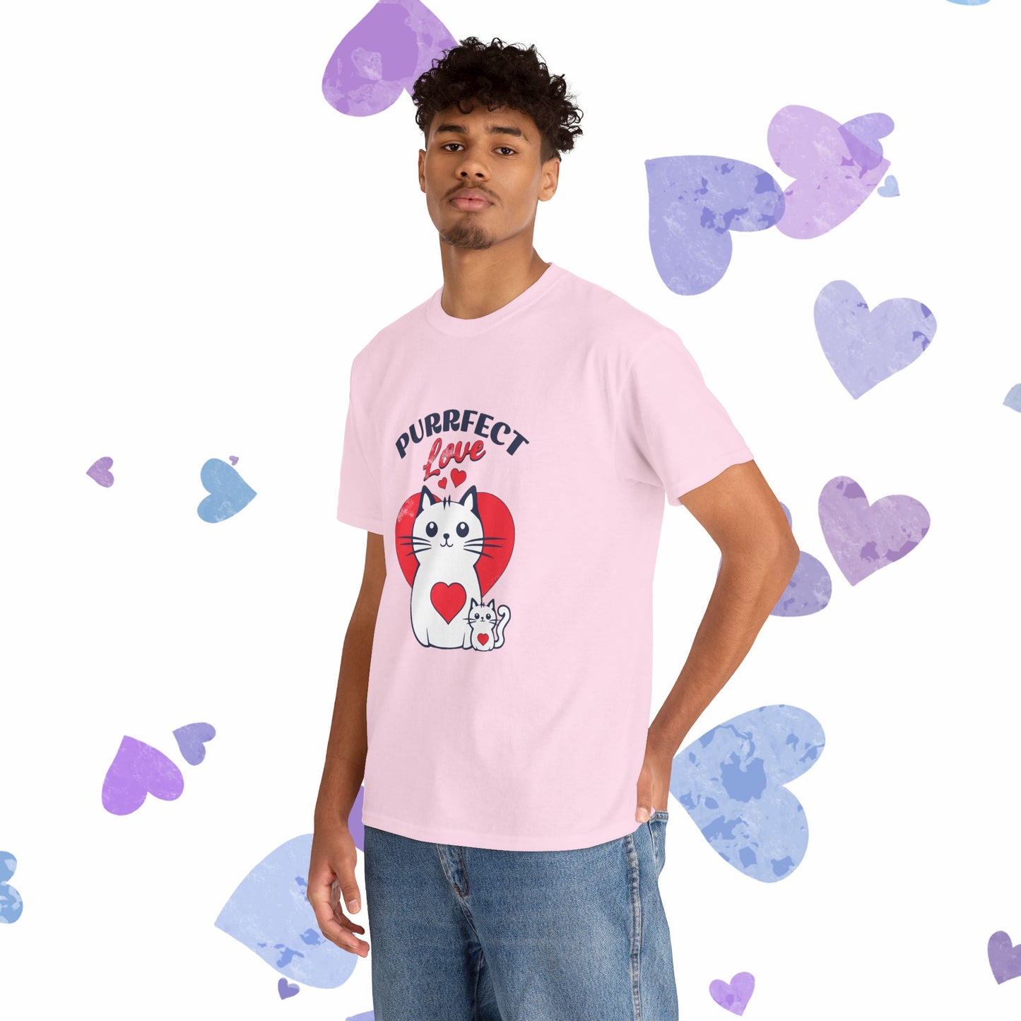 Purrfect Love Cat T-Shirt — Cute Heart Cat Graphic Tee for Cat Lovers, Valentine's Day Gift