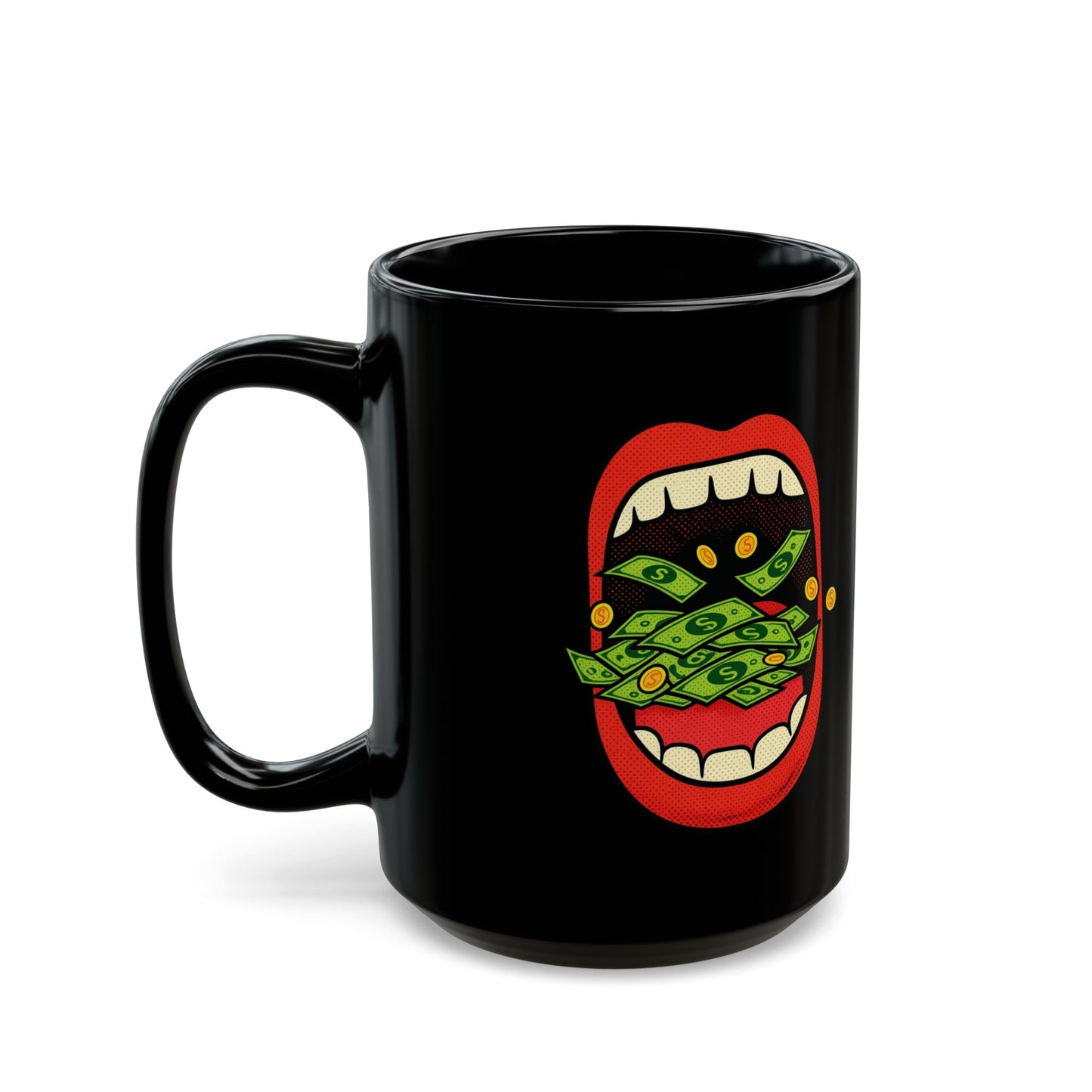 Money Mouth Mug — "Eating Prosperity" Black Coffee Cup with Cash-Throwing Lips (11oz, 15oz)