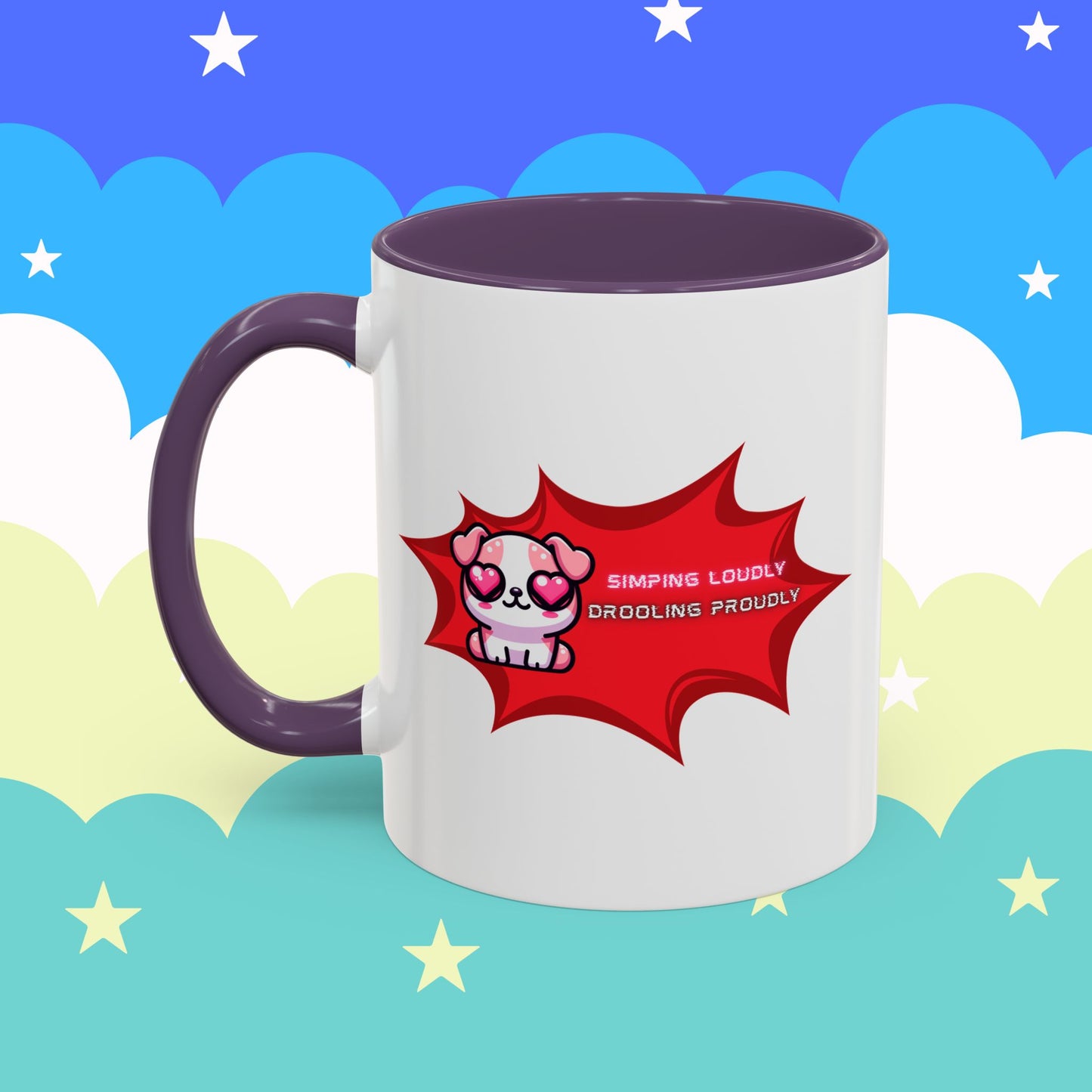 Cute Pink Bulldog Coffee Mug — “Simping Loudly, Drooling Proudly” Kawaii Heart-Eyed