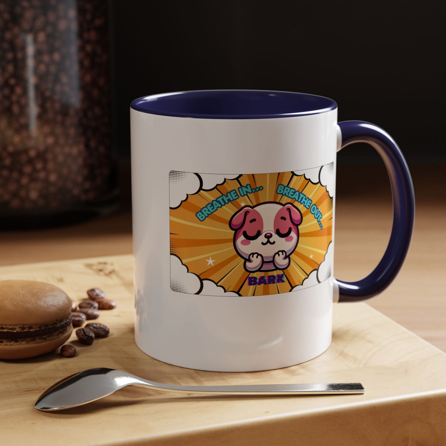 Stay Calm Pink Bulldog Kawaii Emote Coffee Mug — "Breathe In... Breathe Out... Bark"