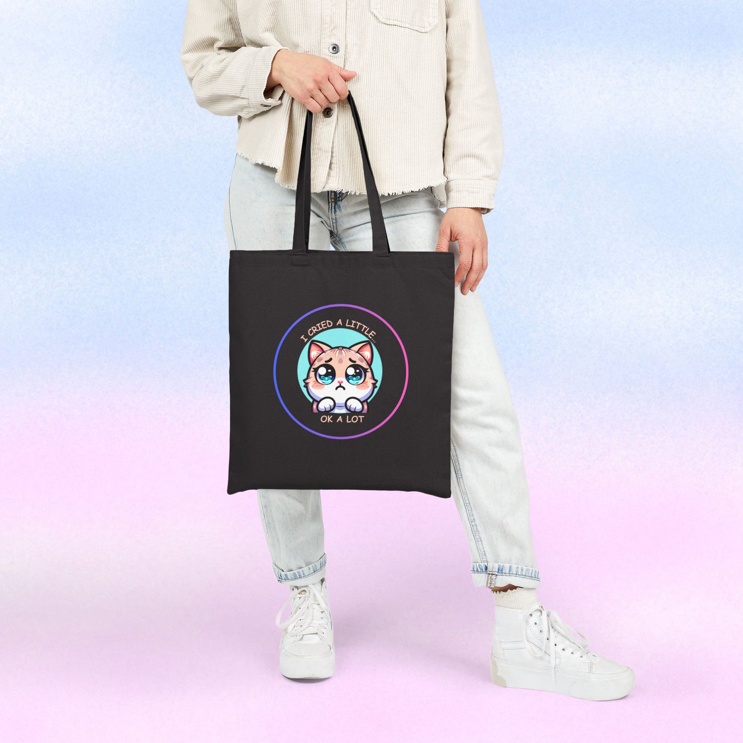 Cute Wide-Eyed Cat Illustration Tote Bag | "I Cried a Little... Ok a Lot"