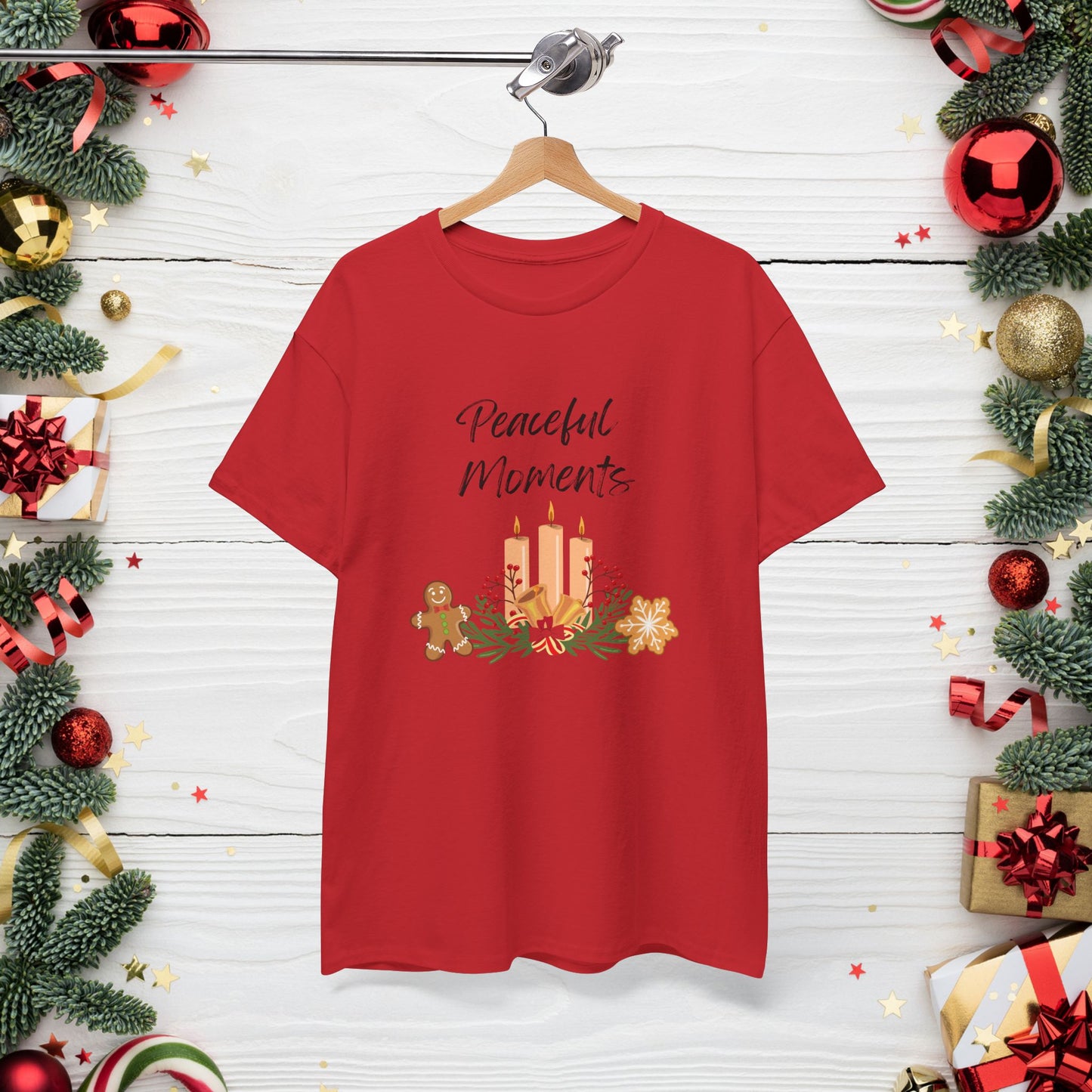 Peaceful Moments Tee — Holiday Candle & Floral Graphic T-Shirt, Cozy Christmas Aesthetic