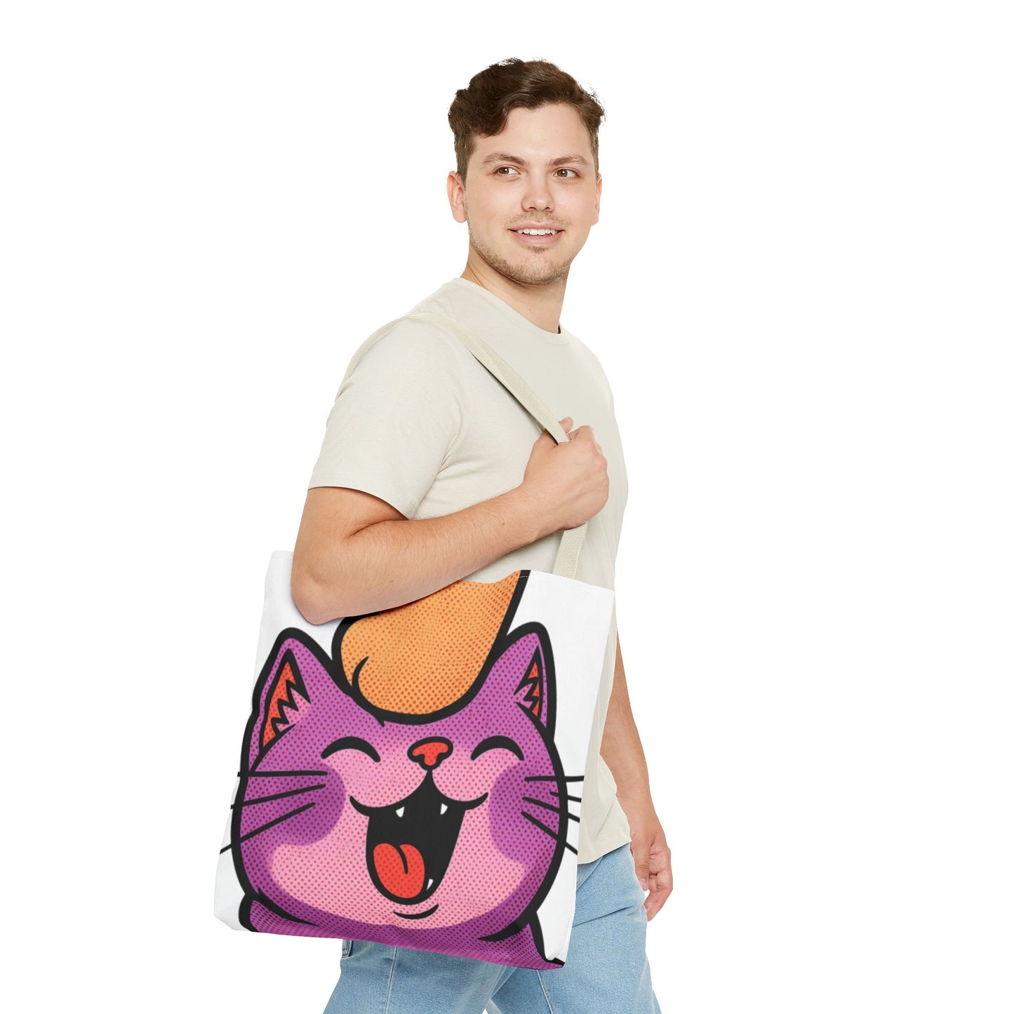 Happy Purple Cat Tote Bag — Cute Kawaii Cat Face AOP Tote
