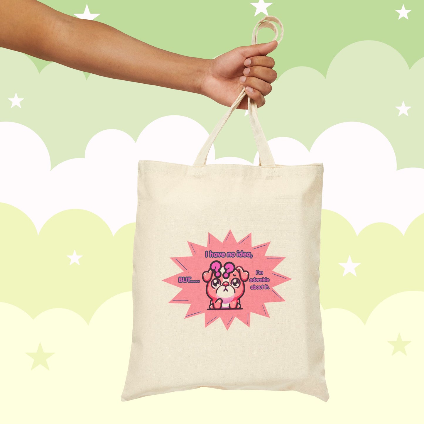 Confused Pink Bulldog Tote Bag — "I have no idea, but... I'm adorable about it."