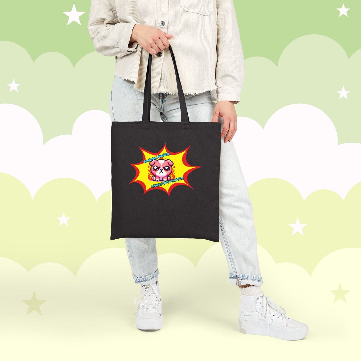 Pink Bulldog Tote Bag, "Small but Sizzling, Handle with Caution' Cute Fiery Mad Pink Emote