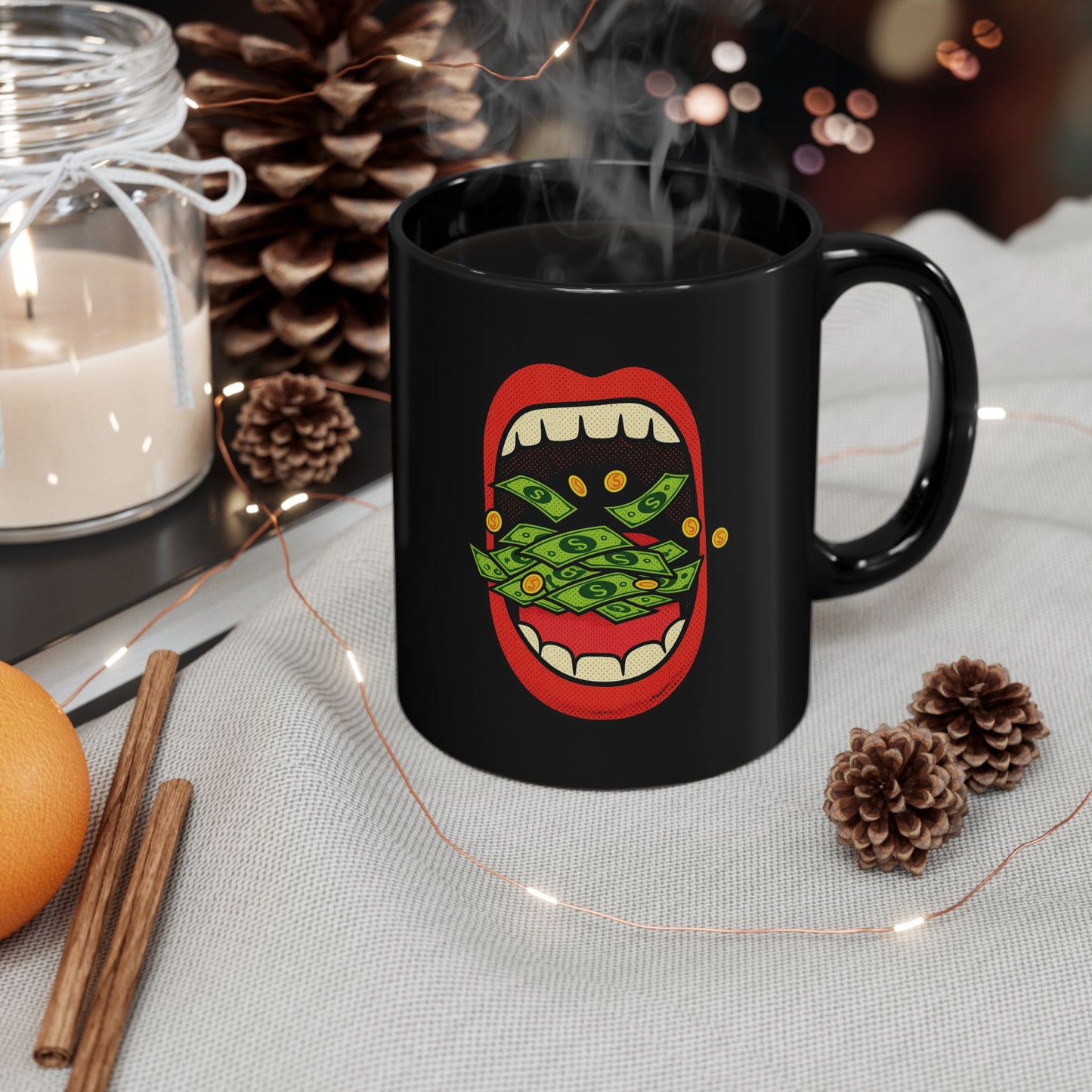 Money Mouth Mug — "Eating Prosperity" Black Coffee Cup with Cash-Throwing Lips (11oz, 15oz)
