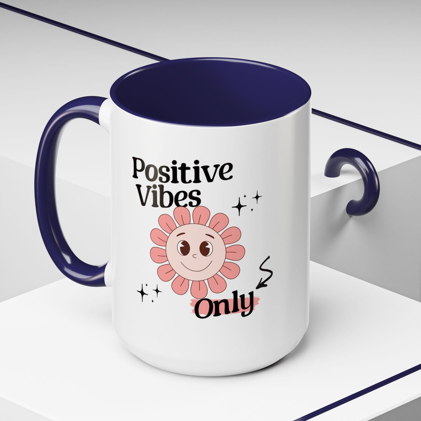 Retro Smiling Pink Flower Accent Coffee Mug — "Positive Vibes Only"