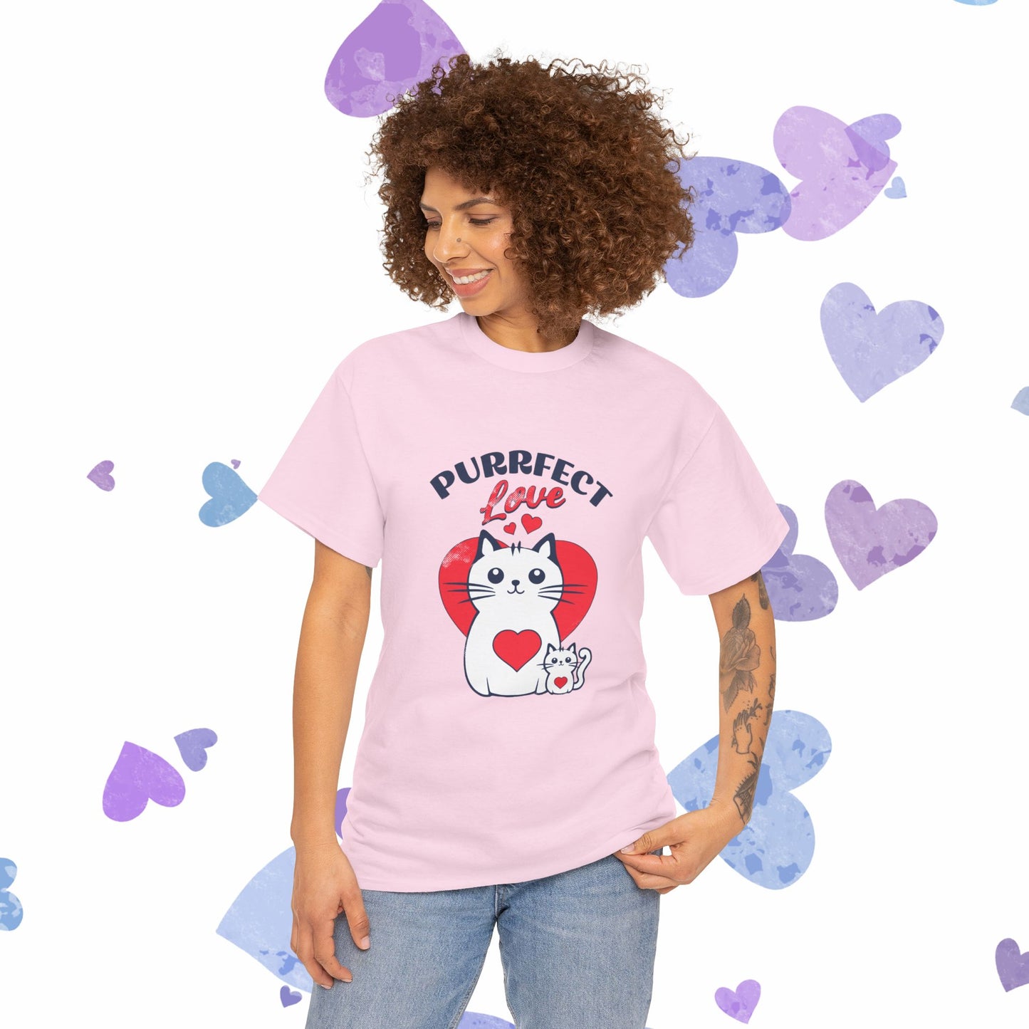 Purrfect Love Cat T-Shirt — Cute Heart Cat Graphic Tee for Cat Lovers, Valentine's Day Gift