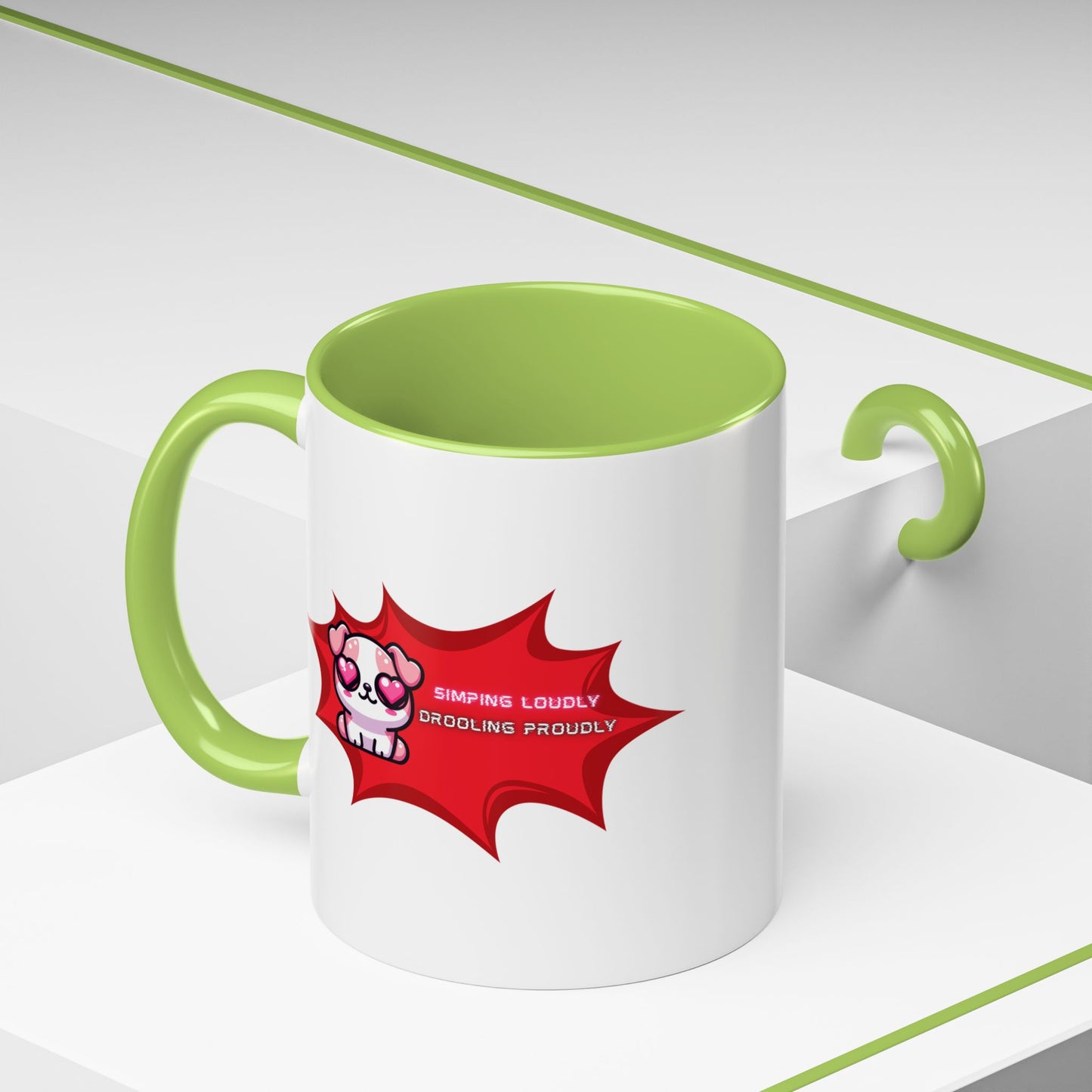 Cute Pink Bulldog Coffee Mug — “Simping Loudly, Drooling Proudly” Kawaii Heart-Eyed