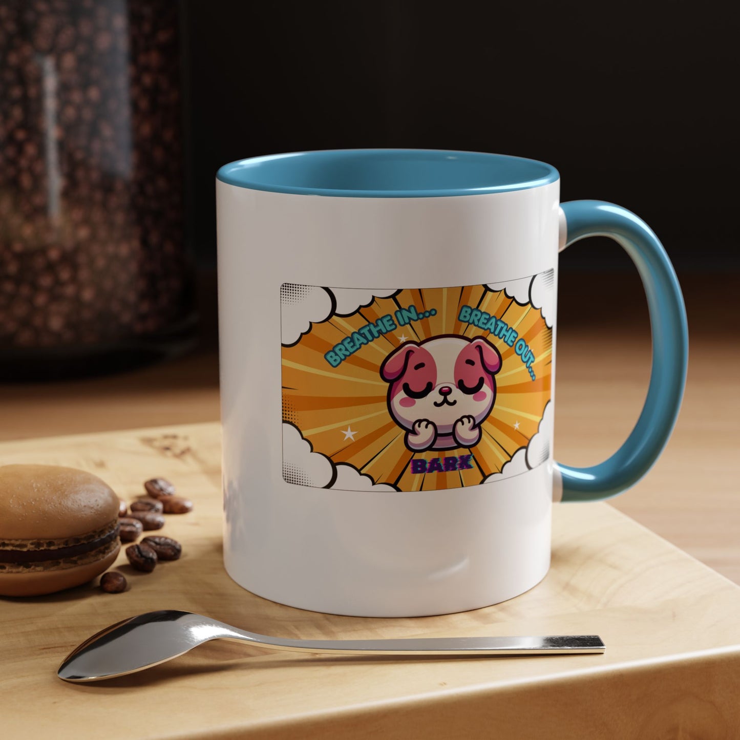 Stay Calm Pink Bulldog Kawaii Emote Coffee Mug — "Breathe In... Breathe Out... Bark"
