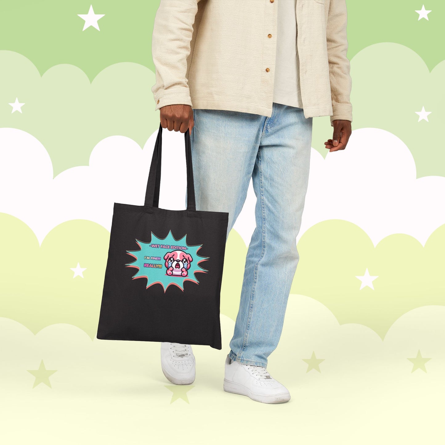 Cute Crying Pink Bulldog Tote Bag — "Wet Face Edition: I'm Fine! REALLY!!!"