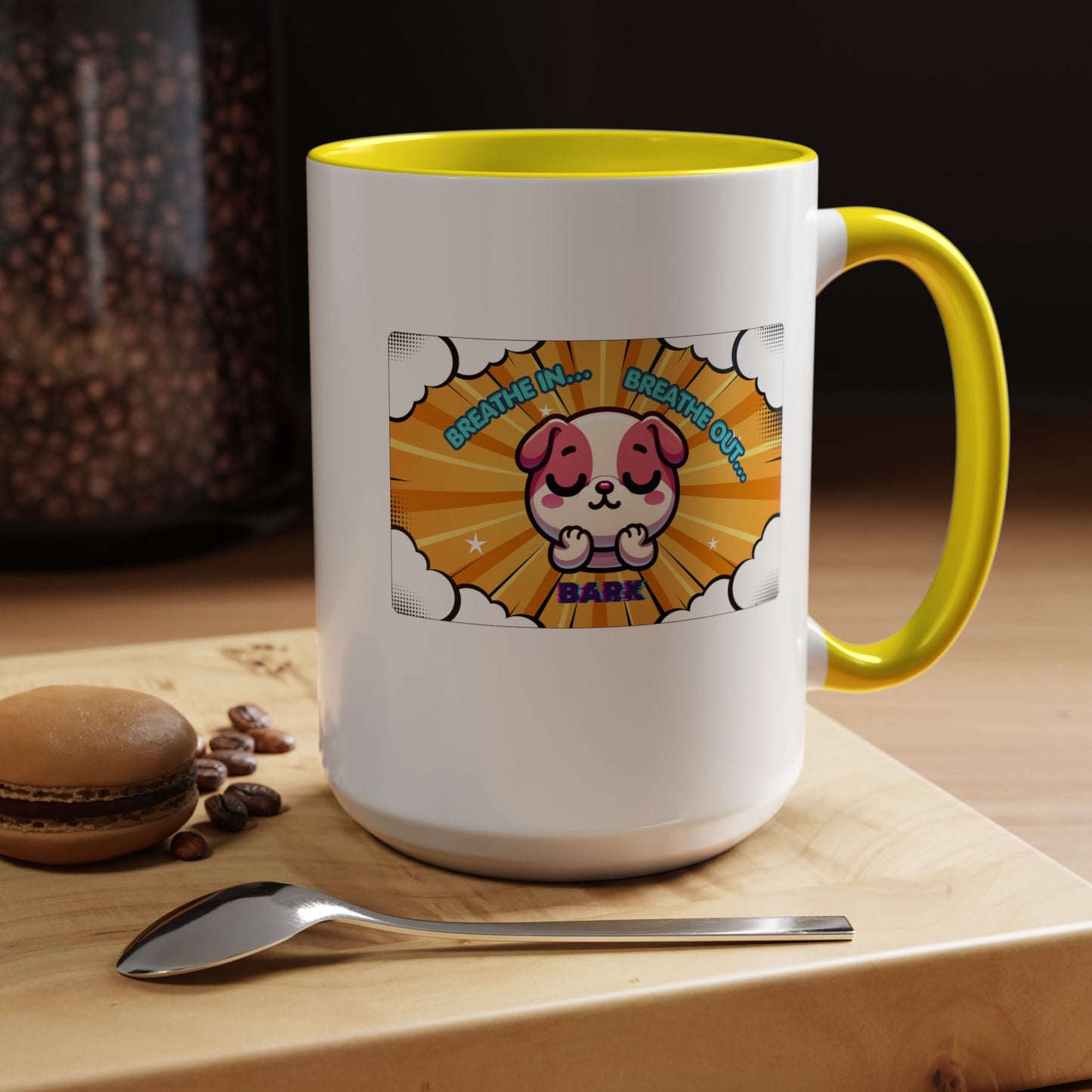 Stay Calm Pink Bulldog Kawaii Emote Coffee Mug — "Breathe In... Breathe Out... Bark"