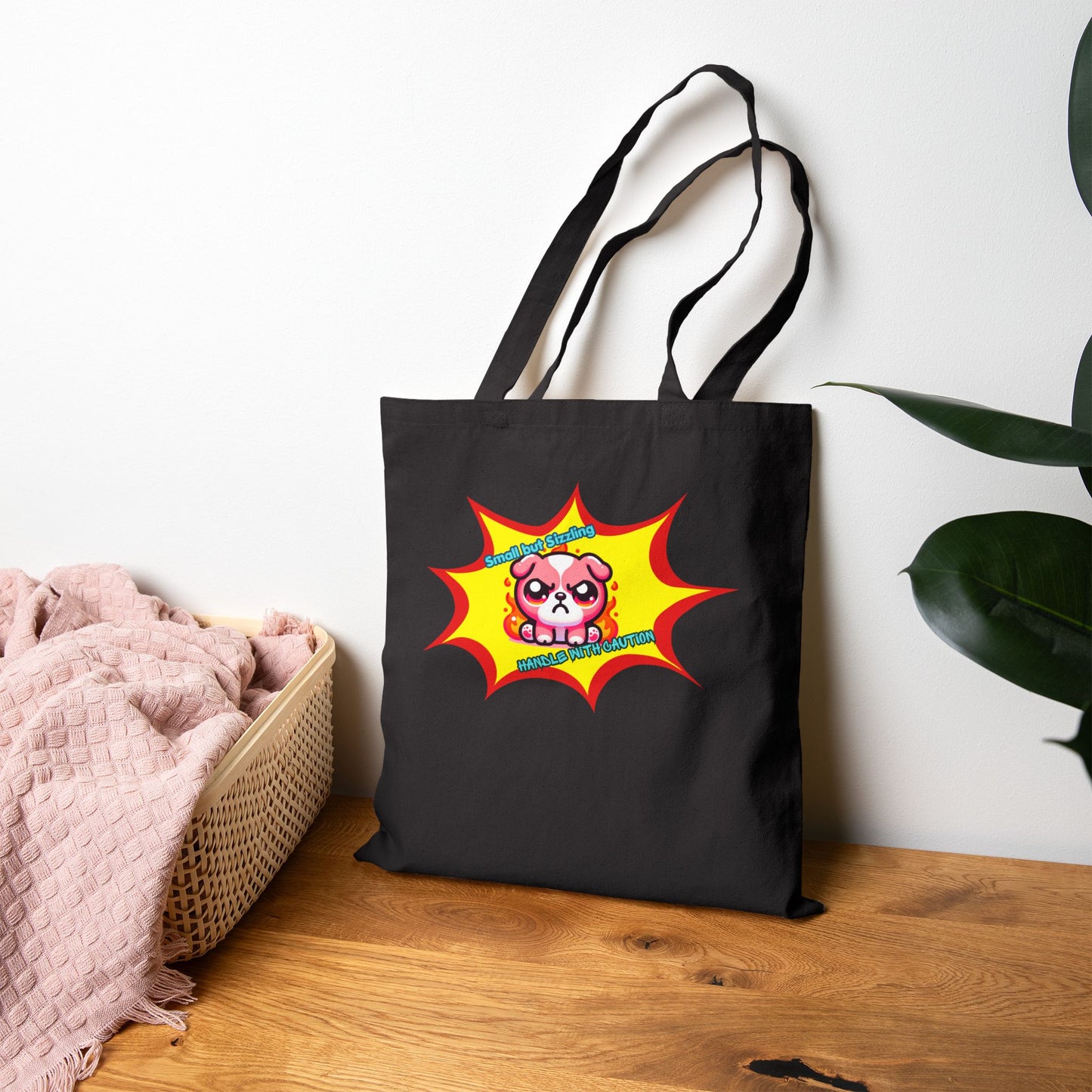 Pink Bulldog Tote Bag, "Small but Sizzling, Handle with Caution' Cute Fiery Mad Pink Emote