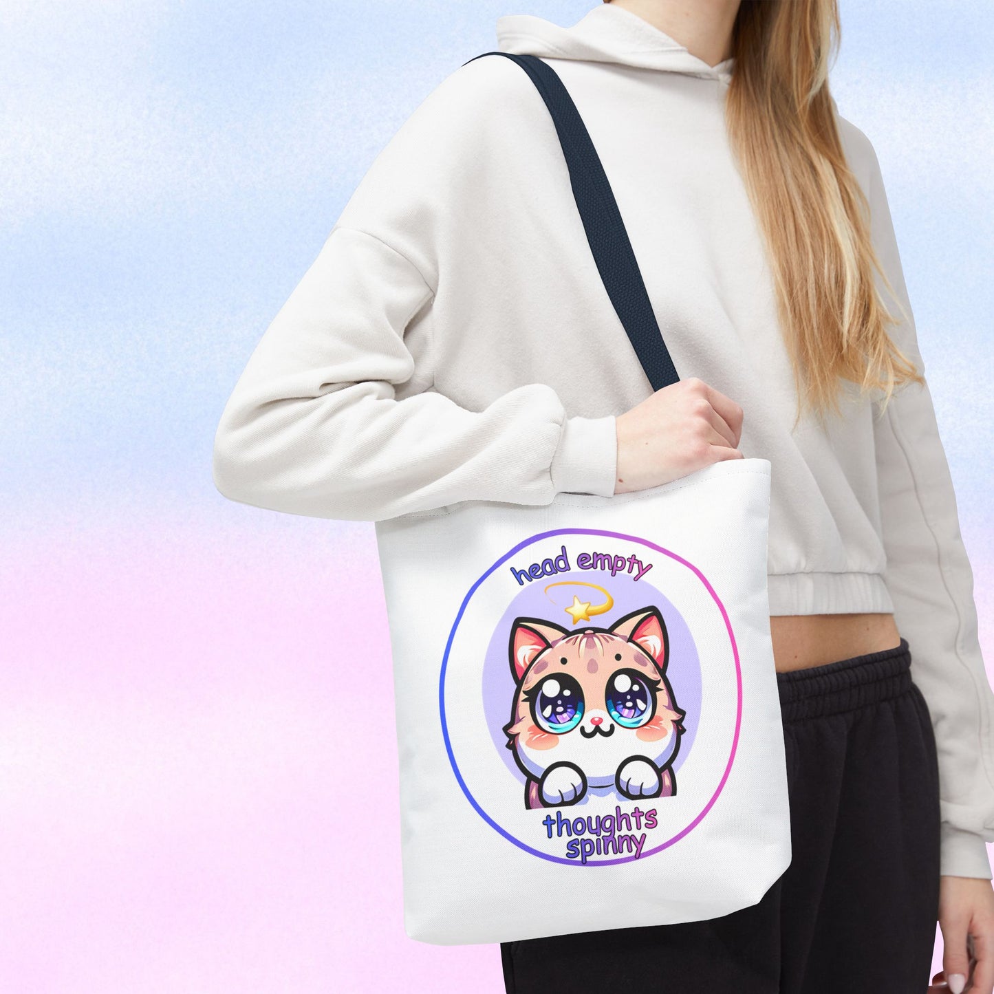 Cute Kawaii Dizzy Cat Tote Bag — "head empty. thoughts spinny."