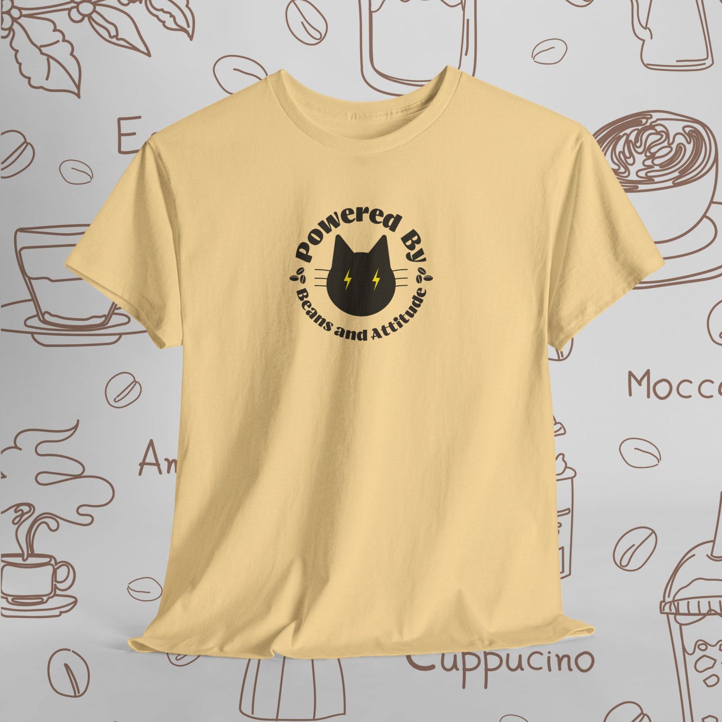 Powered By Beans & Attitude - Coffee Cat graphic tee | minimalist coffee cat illustration, pet lover shirt