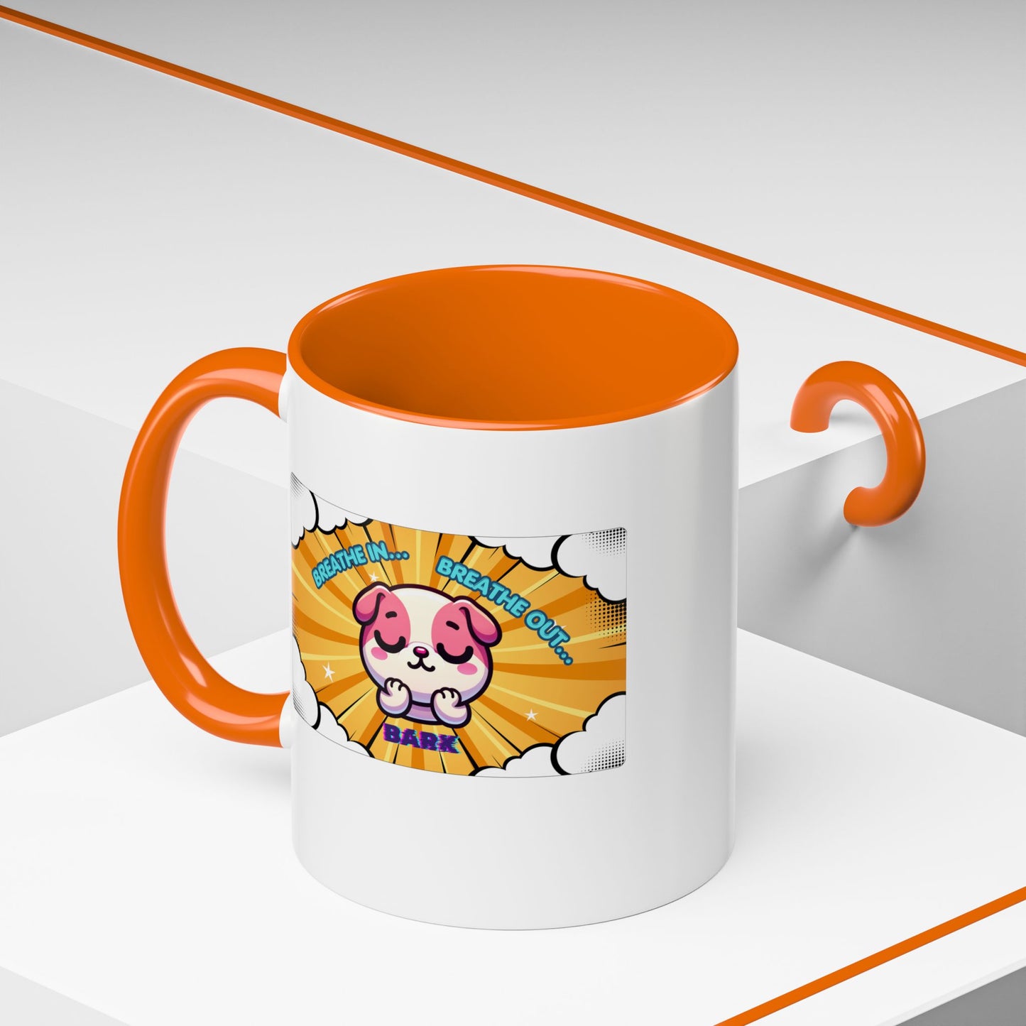 Stay Calm Pink Bulldog Kawaii Emote Coffee Mug — "Breathe In... Breathe Out... Bark"