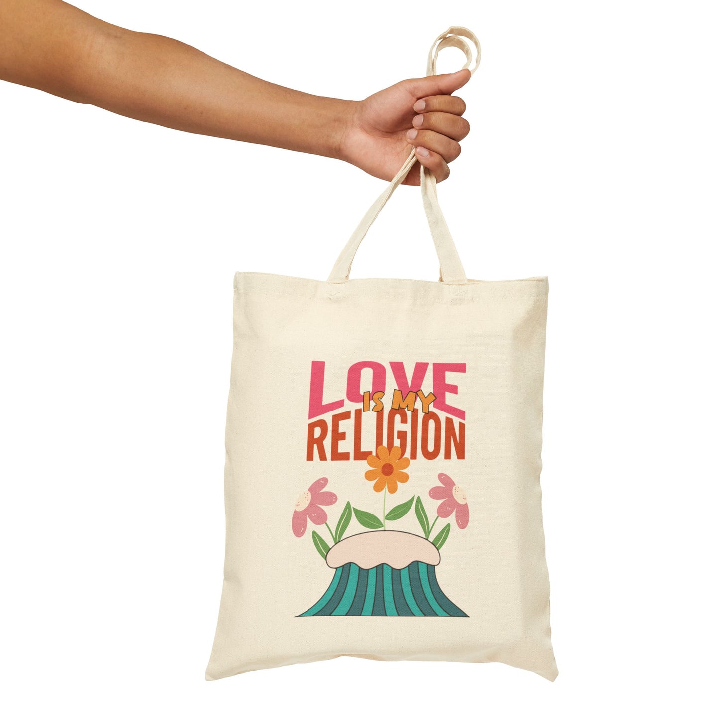 Love Is My Religion Cotton Tote — Floral Retro Canvas Bag