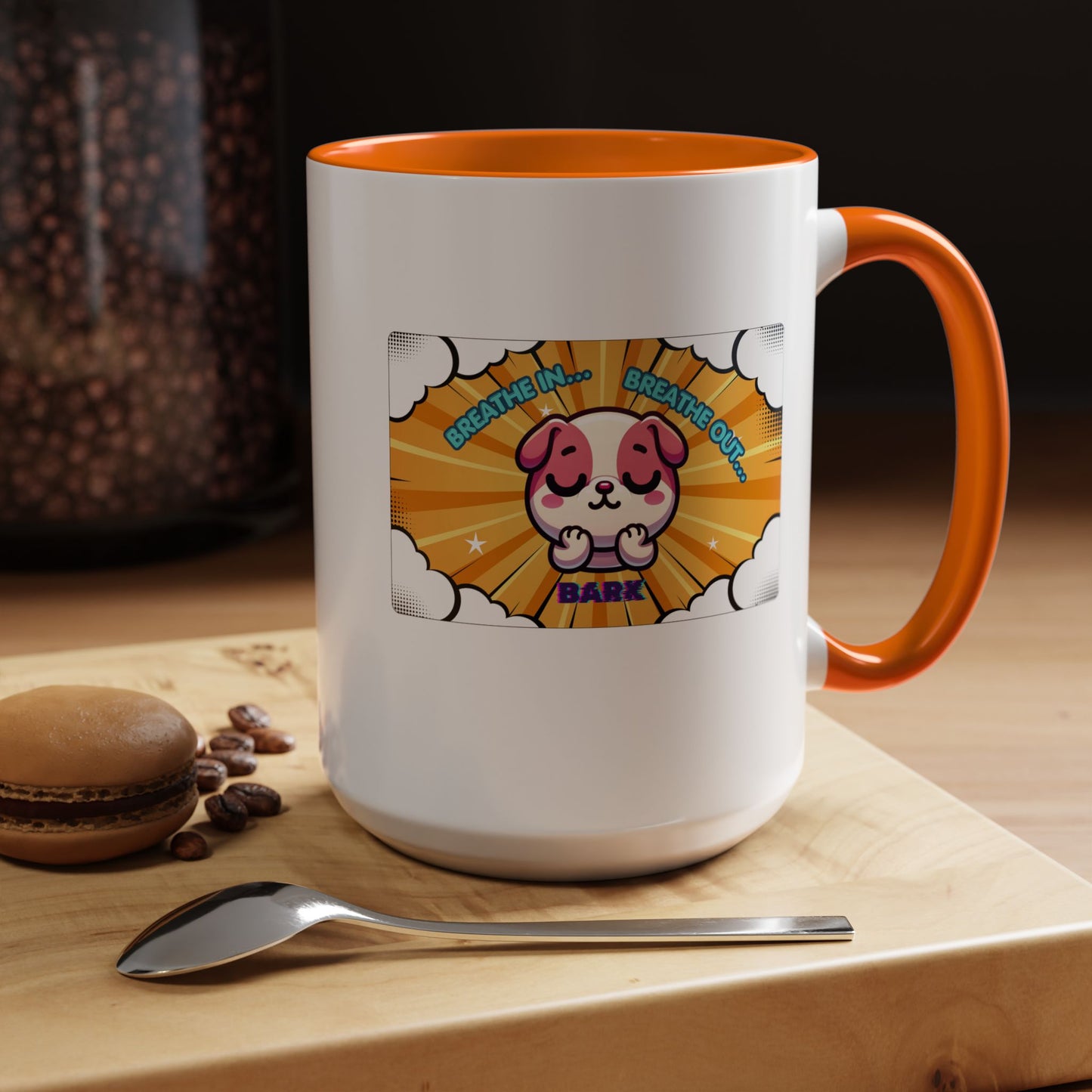 Stay Calm Pink Bulldog Kawaii Emote Coffee Mug — "Breathe In... Breathe Out... Bark"