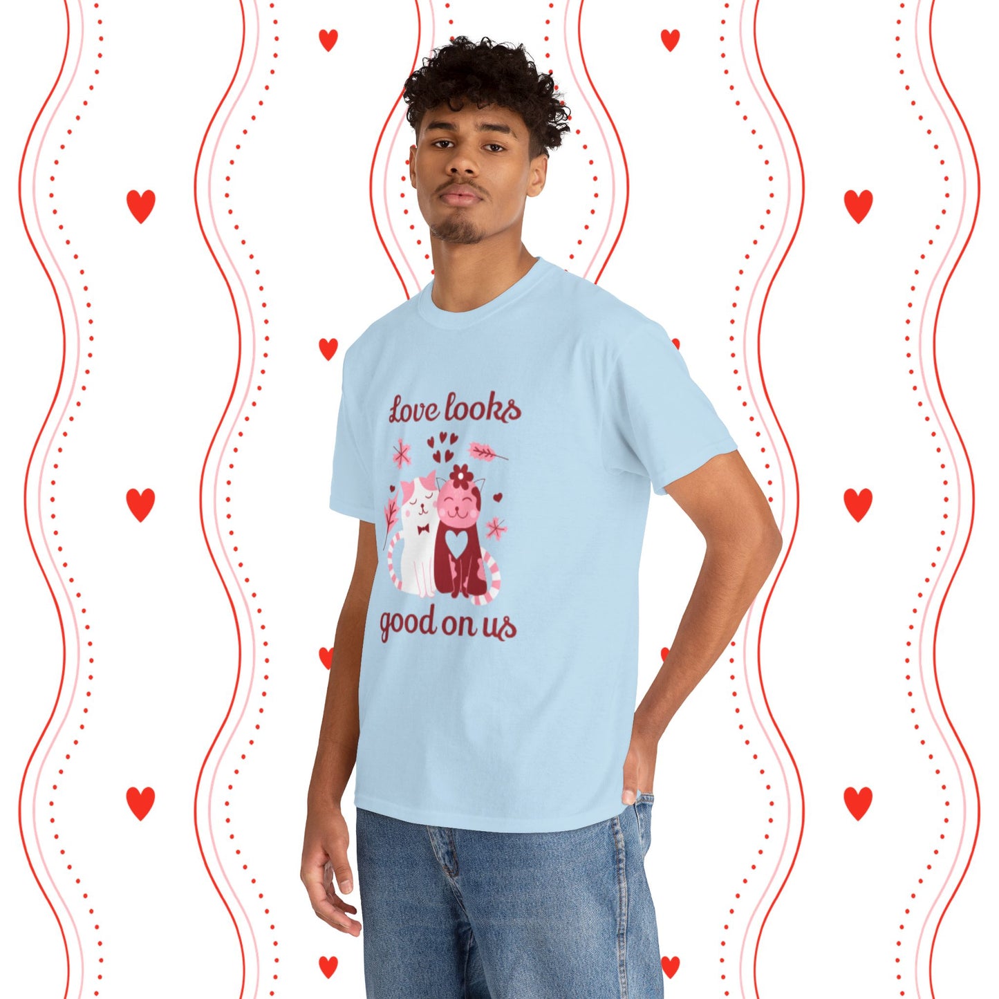 Love Looks Good On Us Tee — Romantic Cat Heart Valentine T-Shirt
