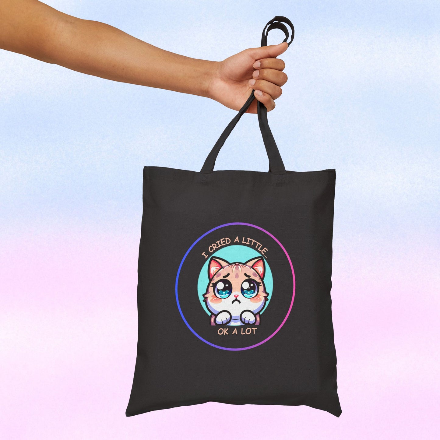 Cute Wide-Eyed Cat Illustration Tote Bag | "I Cried a Little... Ok a Lot"