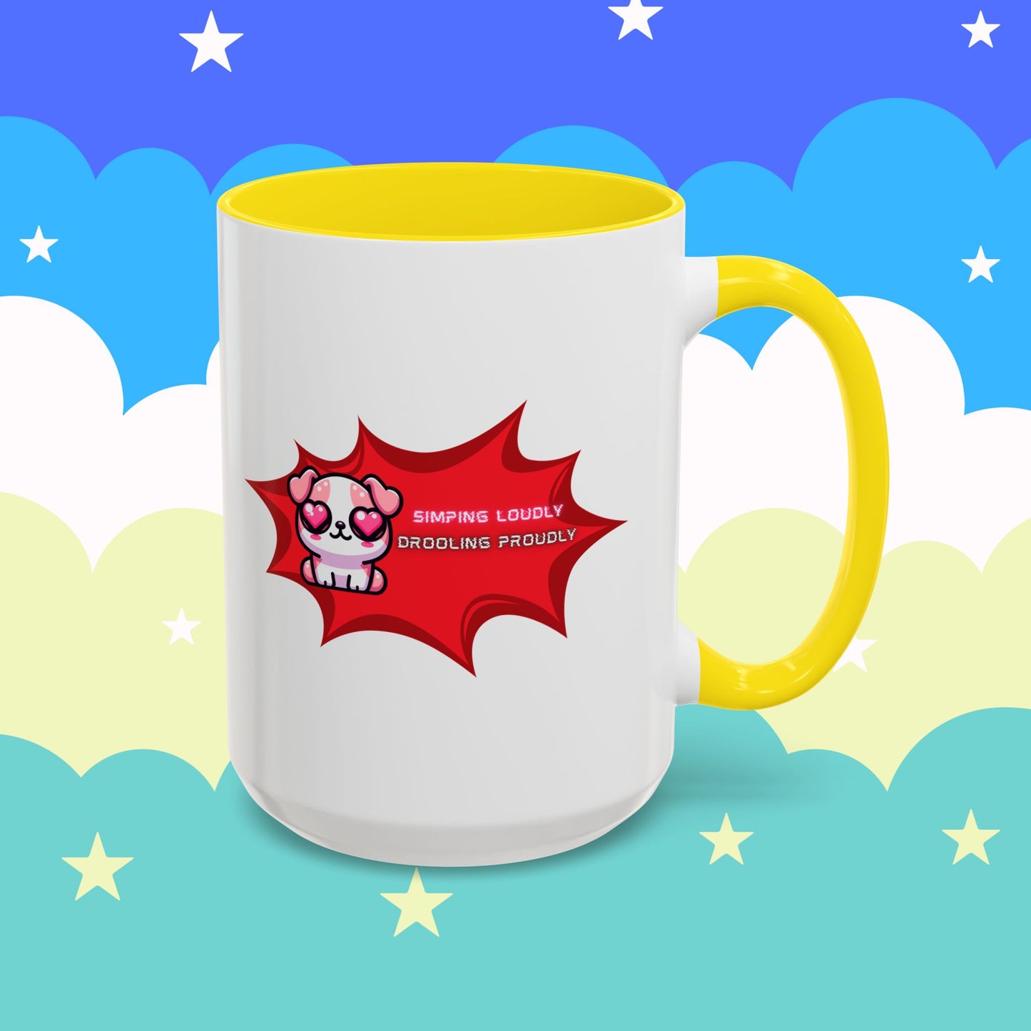 Cute Pink Bulldog Coffee Mug — “Simping Loudly, Drooling Proudly” Kawaii Heart-Eyed