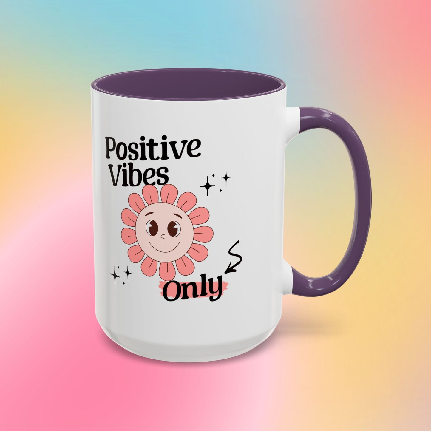 Retro Smiling Pink Flower Accent Coffee Mug — "Positive Vibes Only"