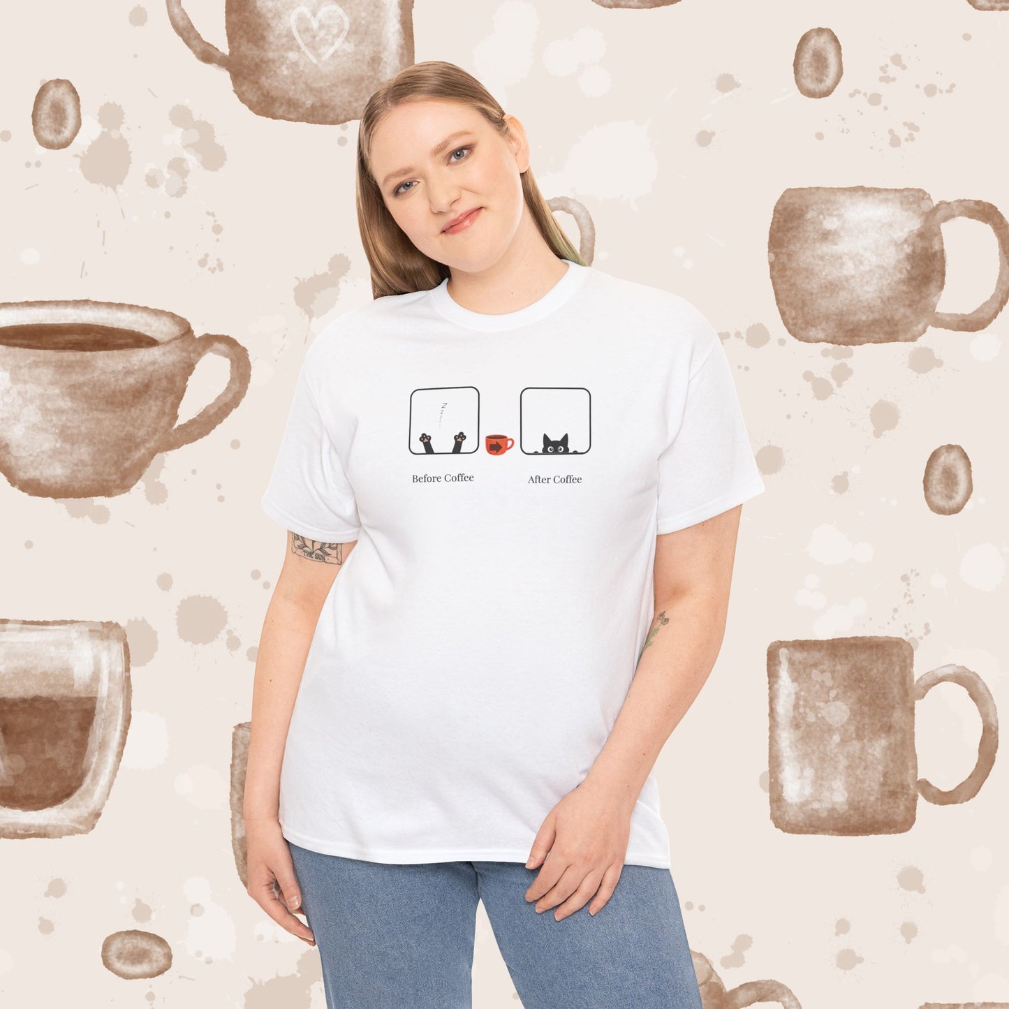 Before Coffee / After - Minimalist Coffee Cat Lover Graphic Tee