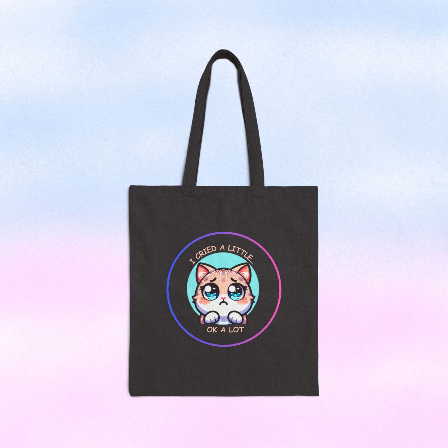 Cute Wide-Eyed Cat Illustration Tote Bag | "I Cried a Little... Ok a Lot"