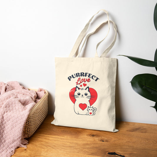 Purrfect Love Cat Tote Bag — Cute Heart Kitten Canvas Shopping Bag