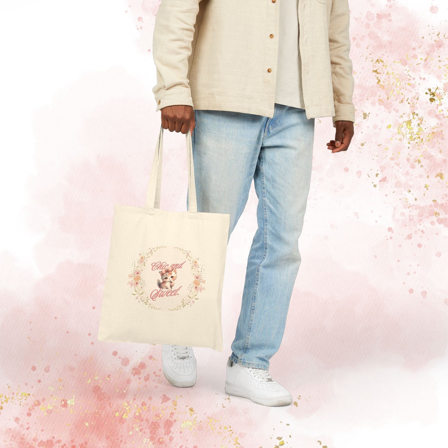 Chic & Sweet - Blushing Kitten Valentine Floral Wreath Tote Bag | Cute Kitten Animal Illustration