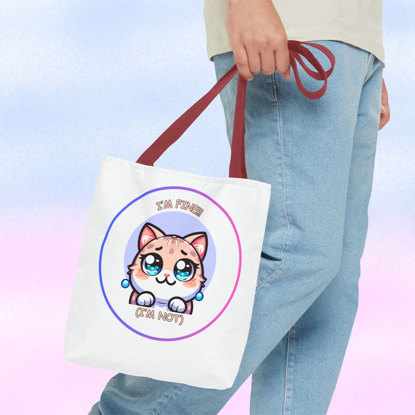 Cute Kawaii Cat Meltdown Emote Tote Bag — "I’m Fine(I'm Not)" Graphic Tote